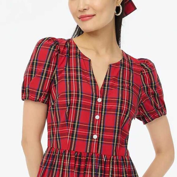 New J Crew Factory Stewart tartan plaid puff-sleeve midi Christmas dress - Picture 2 of 12
